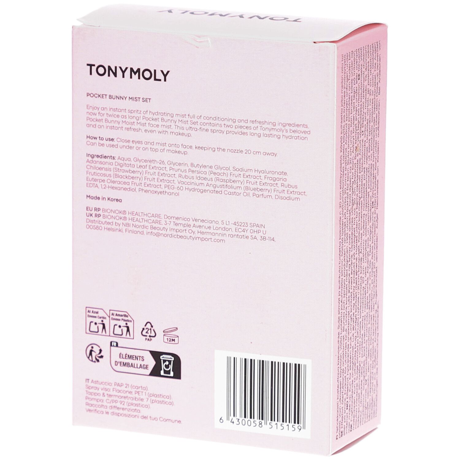 Rückseite der rosa Verpackung. Text: POCKET BUNNY Moist Mist Set. Kleingedruckte Produktinformationen und Inhaltsstoffe.