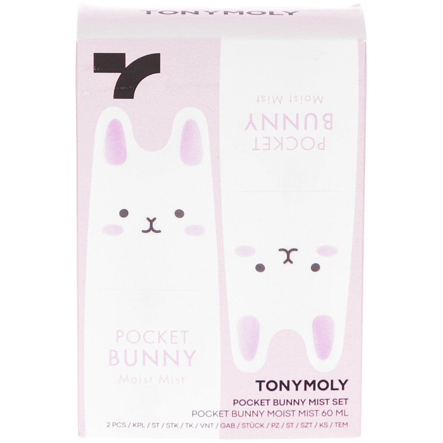 Rosa Verpackung mit Kaninchen-Illustrationen und Produktnamen. Text: POCKET BUNNY, TONYMOLY, Moist Mist Set.