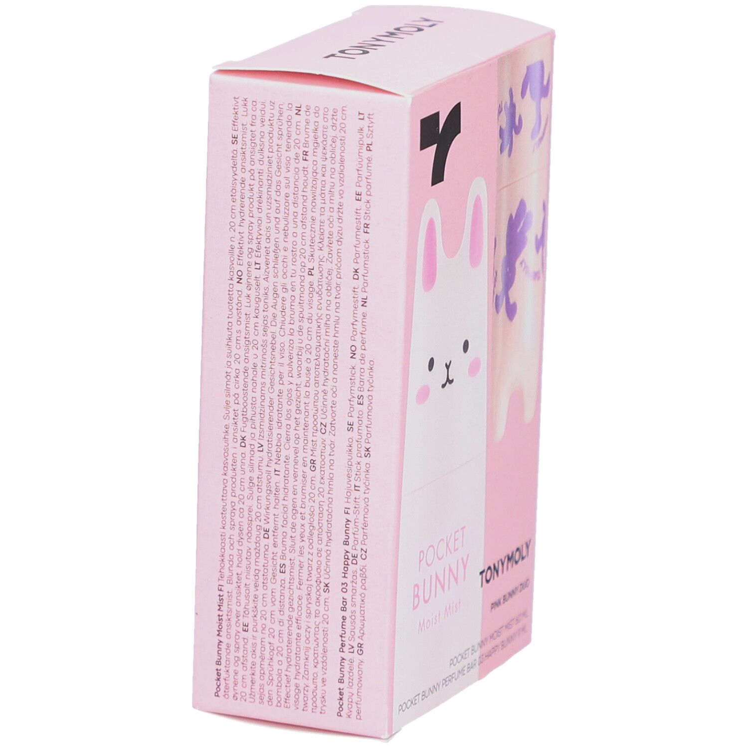 Schräge Ansicht der rosa Verpackung. TONYMOLY Logo und Produktnamen sind sichtbar.