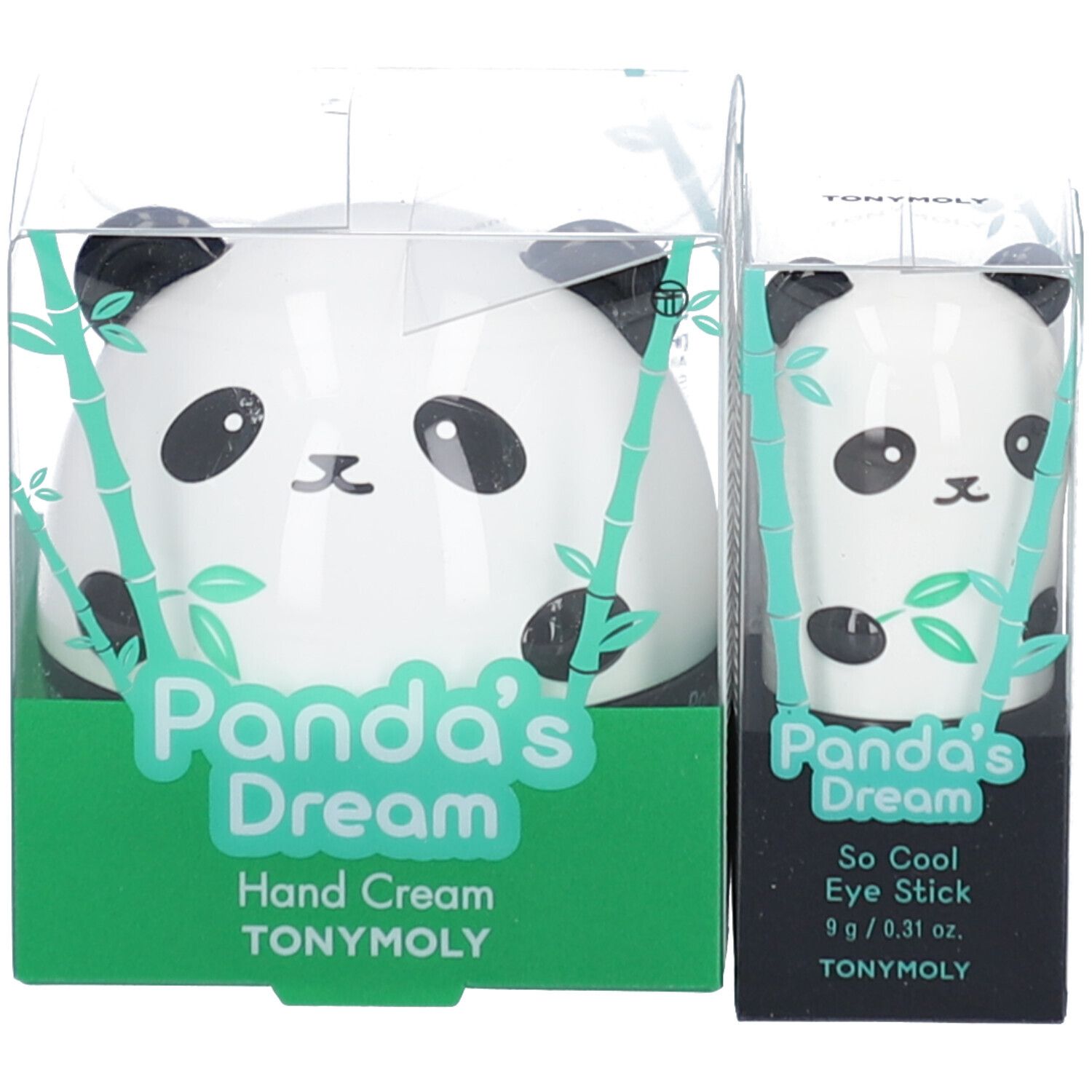 Handcreme und Augenstick in Panda-Form. Verpackung mit Bambus-Motiv. Produktnamen: Panda's Dream, So Cool Eye Stick.