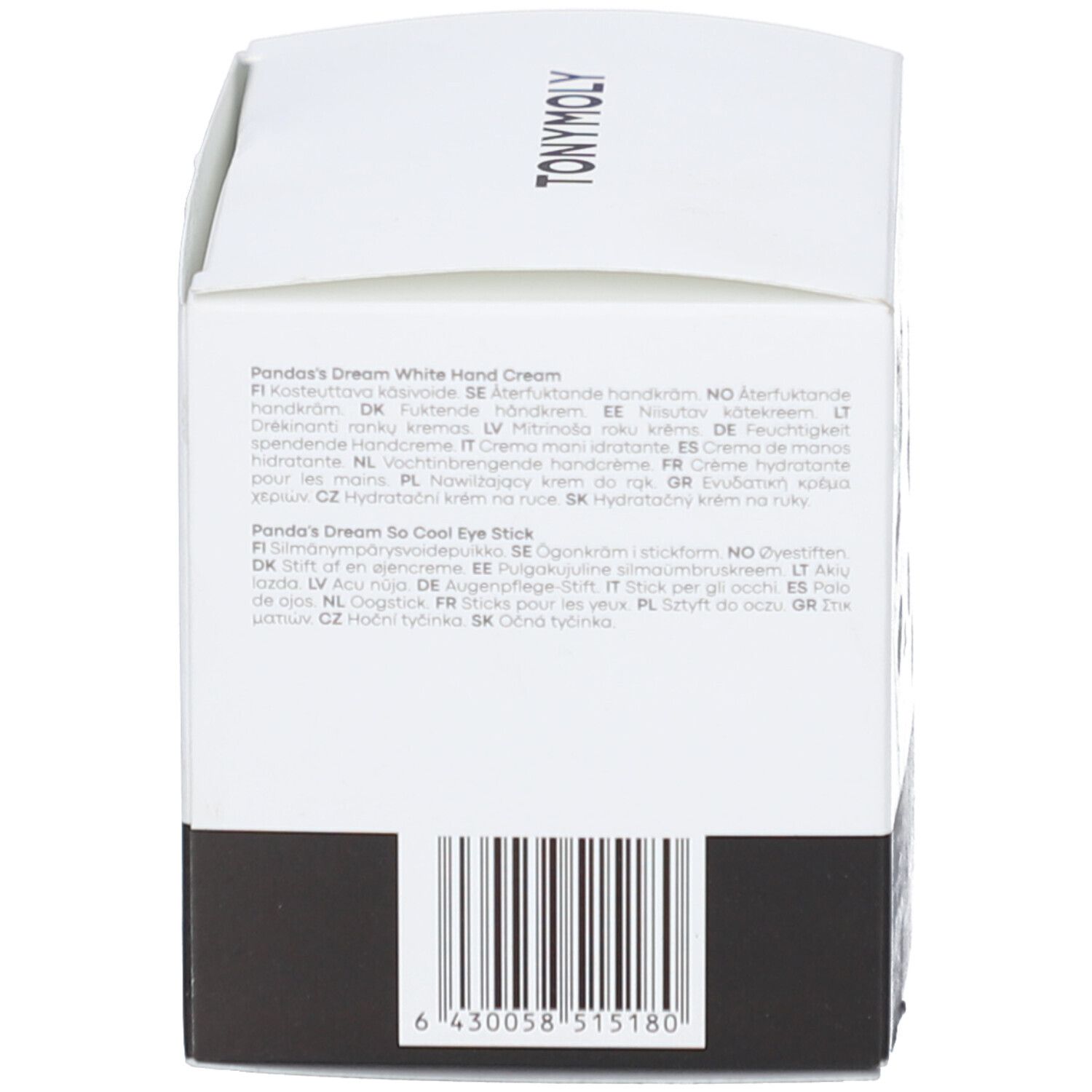 Rückseite der Verpackung. Barcode und Produktinformationen. Marke: TONYMOLY.