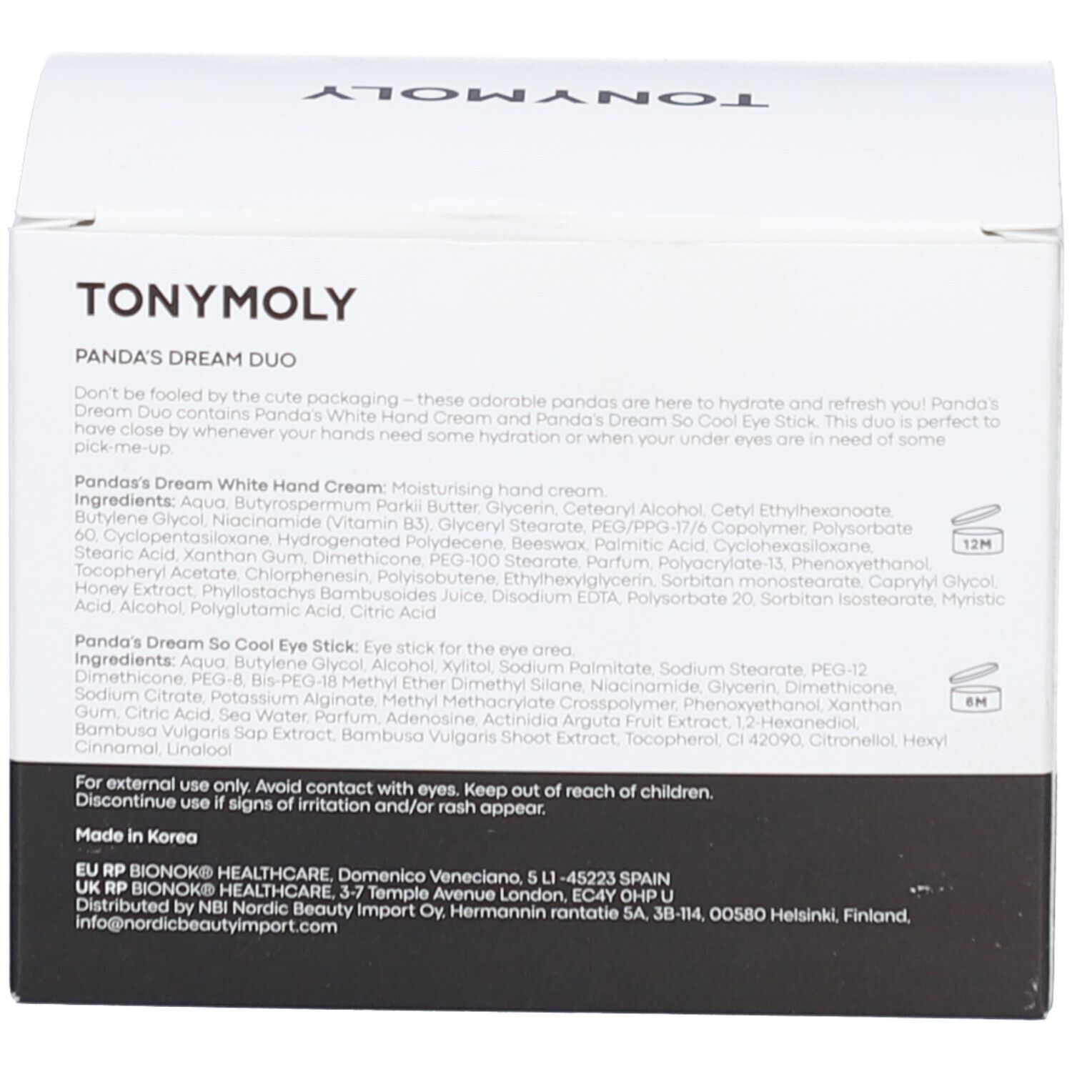 Rückseite der Verpackung. Produktinformationen und Inhaltsstoffe. Produktnamen: Panda's Dream Duo, Hand Cream, Eye Stick. Marke: TONYMOLY.