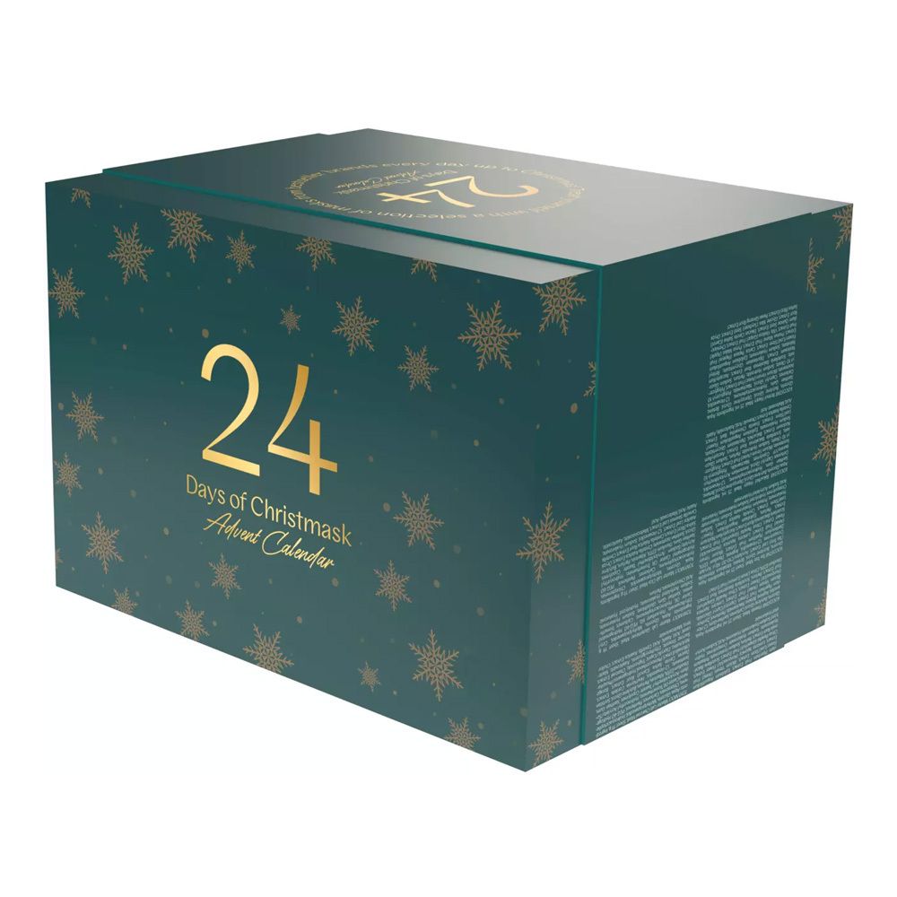Dunkelgrüner Adventskalender mit goldfarbenen Schneeflocken und der Aufschrift "24 Days of Christmask Advent Calendar".