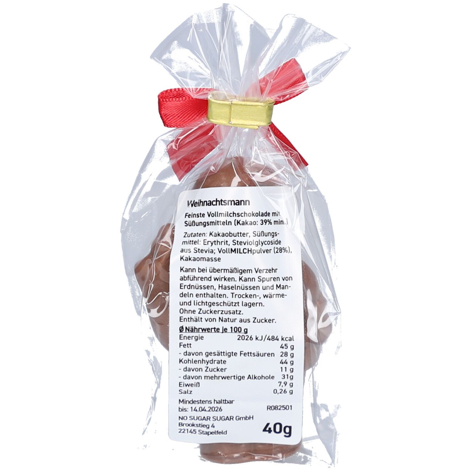 Rückseite des Schokoladen-Weihnachtsmanns in Verpackung. Text mit Nährwertangaben und Zutaten. Aufschrift: NO SUGAR SUGAR.