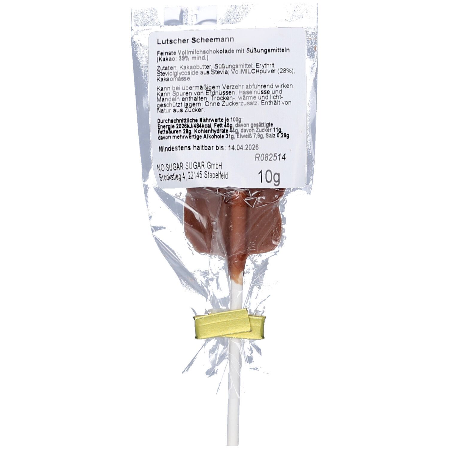 Schokoladen-Lutscher in Schneemannform, in transparenter Folie verpackt. Etikett mit Text und Nährwertangaben. 10g.