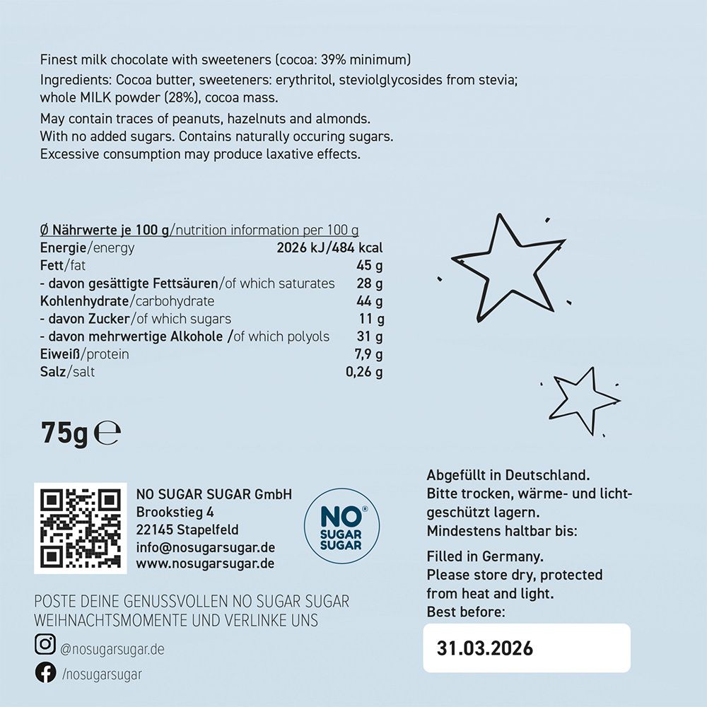 Rückseite der Verpackung mit Nährwertangaben und Inhaltsstoffen. Enthält Text, QR-Code und Logo.