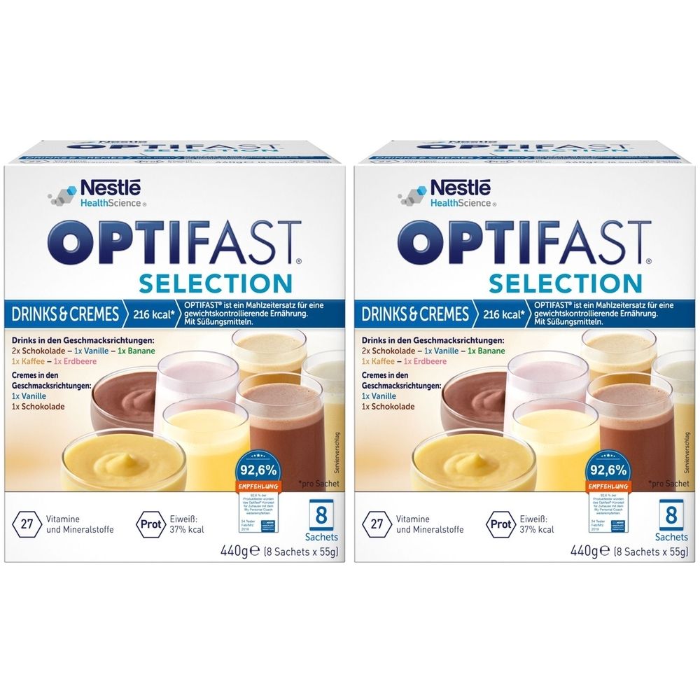 Zwei Packungen OPTIFAST Selection Drinks & Cremes. Aufdruck: Nestle, Drinks & Cremes, 216 kcal, 8 Sachets, 440g.