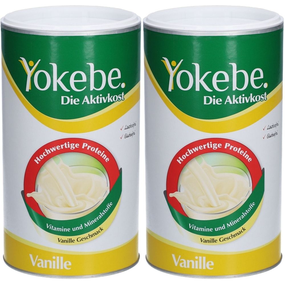 Zwei Dosen Yokebe Vanille. Aufschrift: Hochwertige Proteine, Vitamine und Mineralstoffe, Vanille Geschmack. Grün-gelbes Design.
