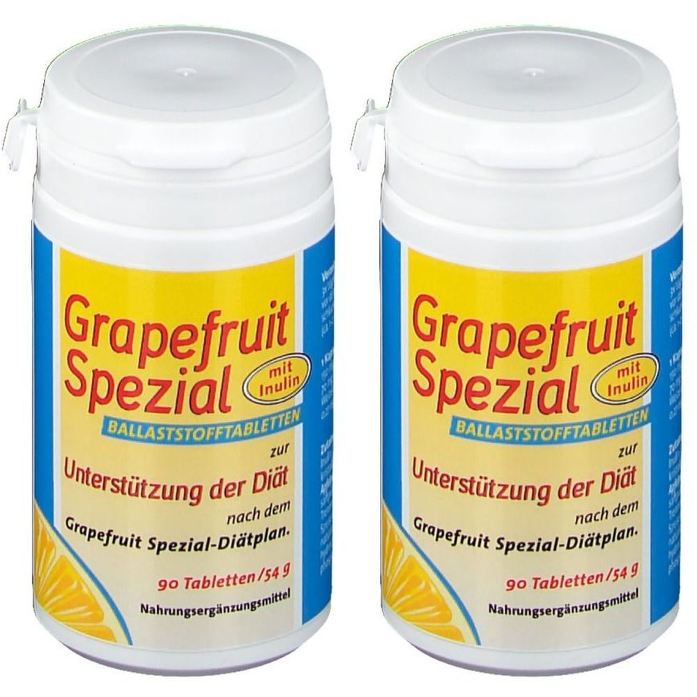 Zwei weiße Tablettenbehälter mit blau-gelber Beschriftung. Aufschrift: Grapefruit Spezial, Ballaststofftabletten, Unterstützung der Diät.