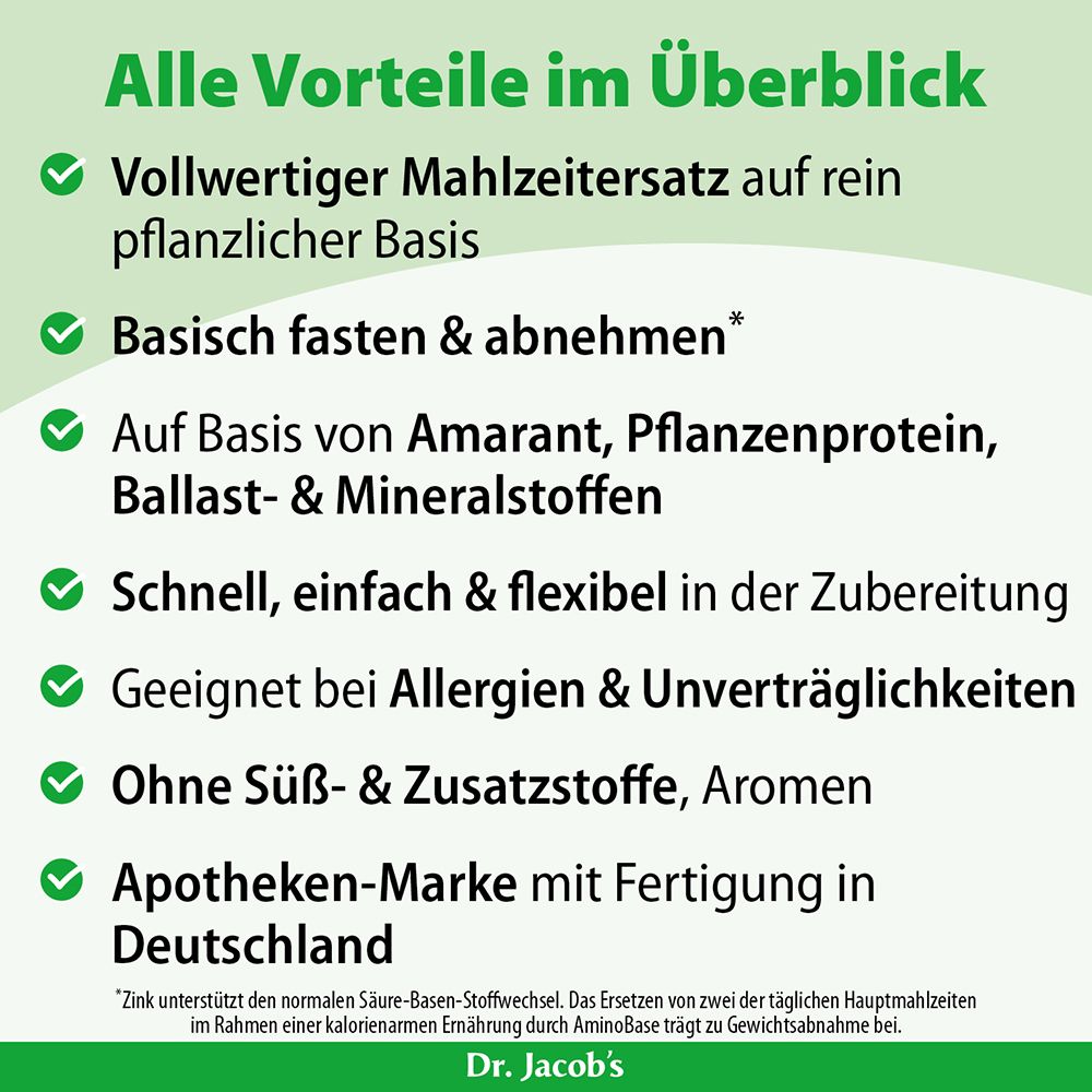 Übersicht der Vorteile eines Mahlzeitenersatzes auf pflanzlicher Basis mit Amarant, Aminosäuren und Mineralstoffen.