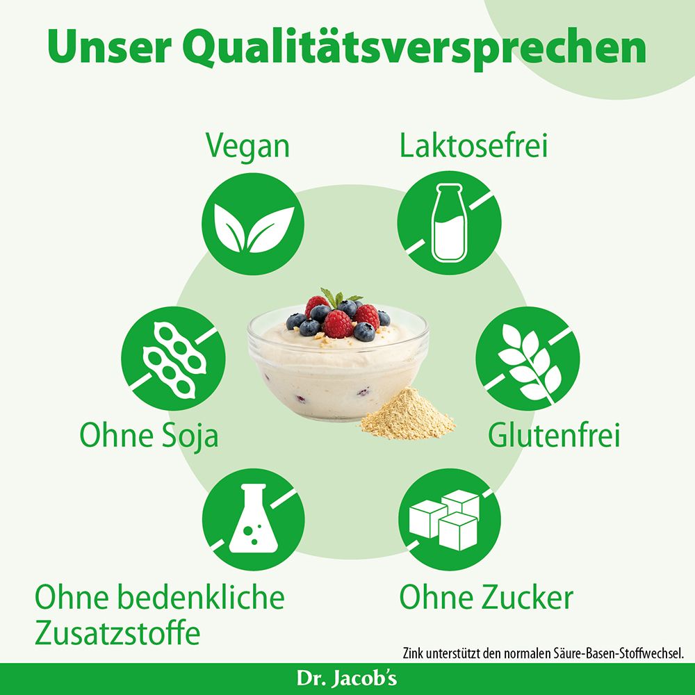 Schüssel mit Müsli, Beeren und Haferflocken. Umgeben von Symbolen für 'Vegan', 'Laktosefrei', 'Glutenfrei', 'Ohne Zucker', 'Ohne bedenkliche Zusatzstoffe' und 'Ohne Soja'.