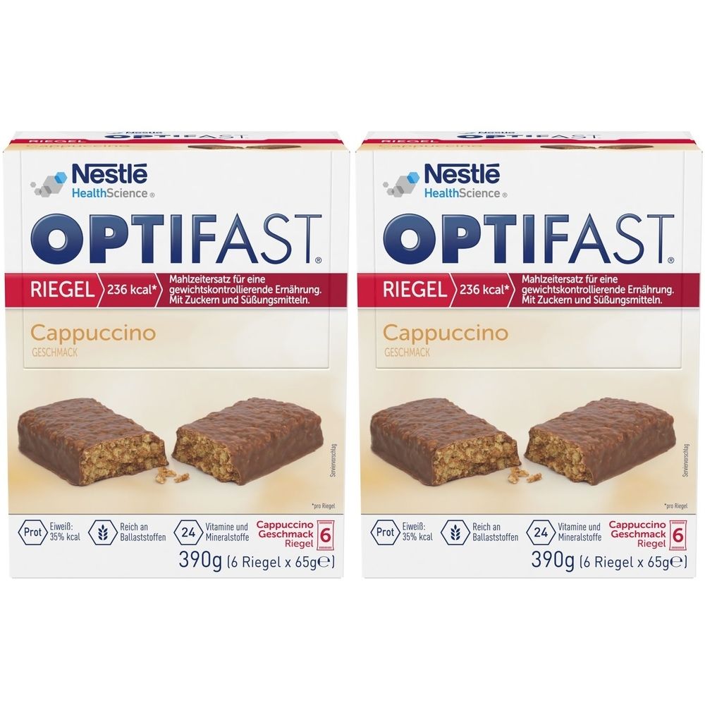 Zwei Packungen OPTIFAST Riegel Cappuccino. Jede Packung enthält 6 Riegel. Aufschrift: 236 kcal, 390g, 24 Vitamine und Mineralstoffe.