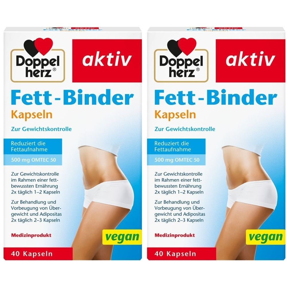 Zwei Packungen Fett-Binder Kapseln. Aufschrift: Doppelherz, aktiv, Fett-Binder, Kapseln, vegan. Abgebildet ist ein weiblicher Körper.