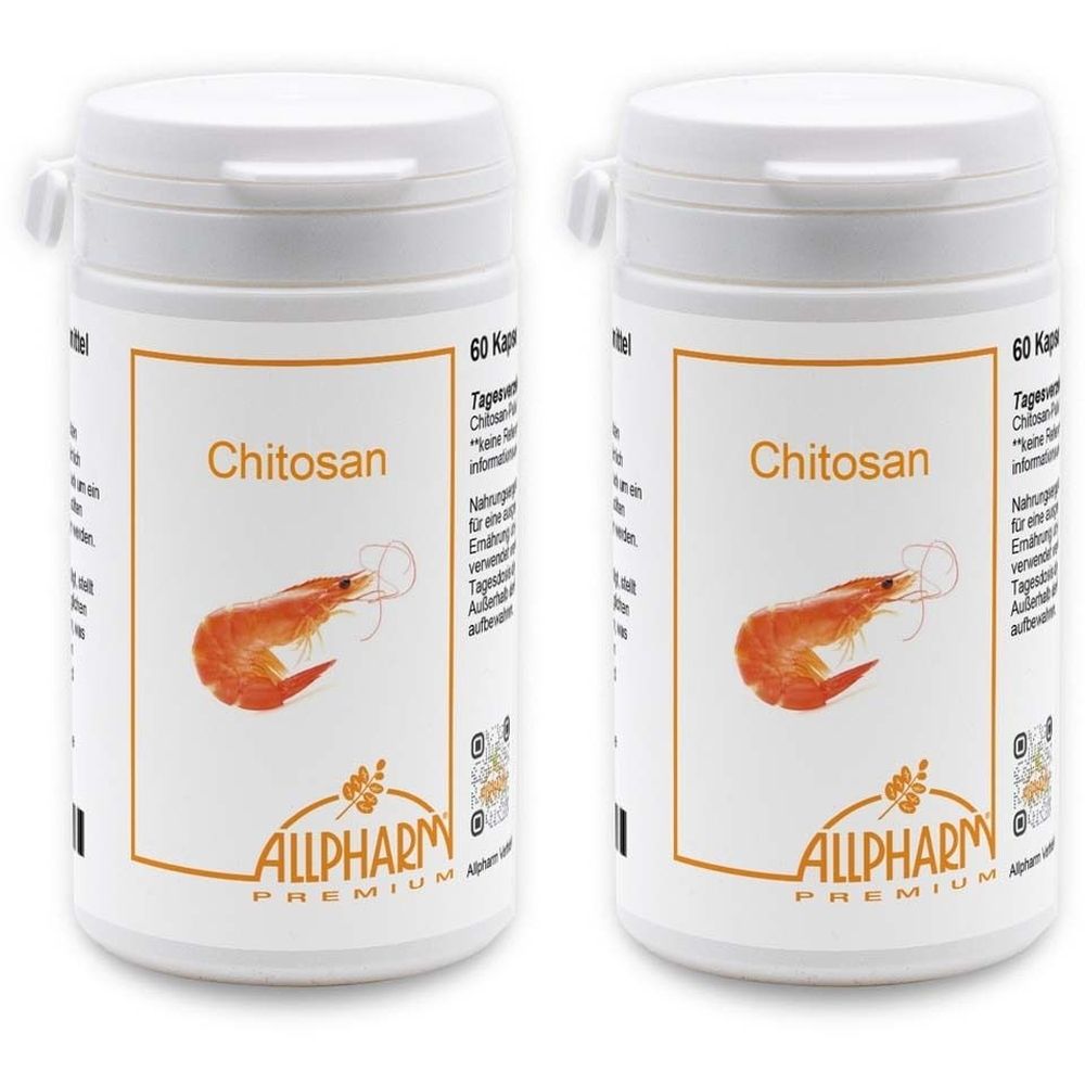 Zwei weiße Pillendosen mit Etiketten. Aufschrift: Chitosan, Garnelen-Illustration, ALLPHARM PREMIUM. Deckel mit Klappverschluss.