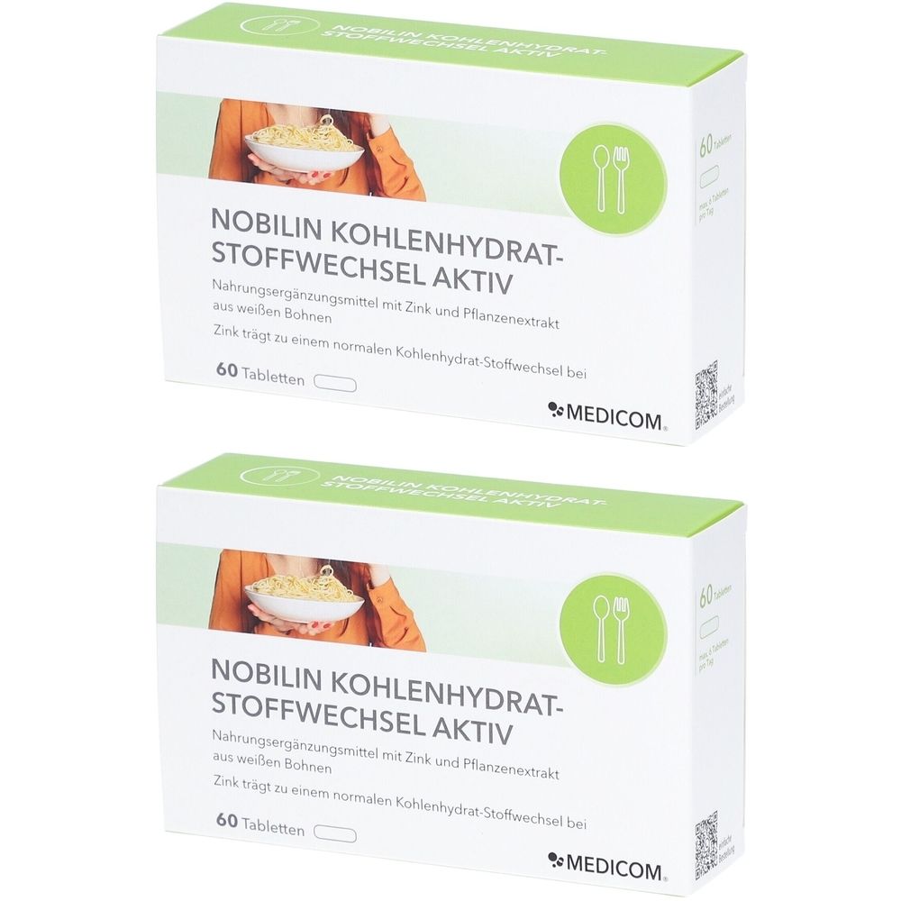 Zwei Schachteln NOBILIN Kohlenhydrat-Stoffwechsel Aktiv Tabletten. Weiße Verpackung mit grünen Akzenten und Produktinformationen.