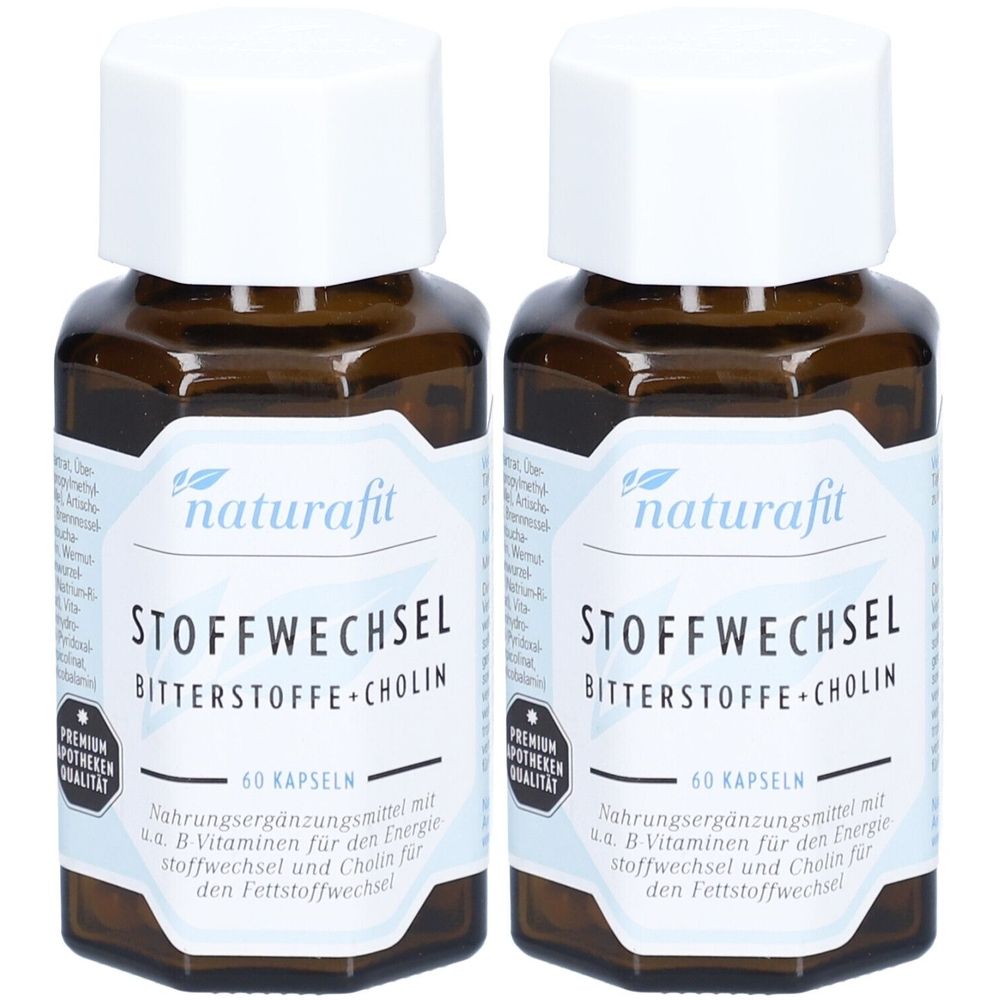 Zwei Flaschen mit weißen Deckeln. Aufschrift: naturafit, STOFFWECHSEL, BITTERSTOFFE+CHOLIN. 60 Kapseln. Braune Glasflaschen.