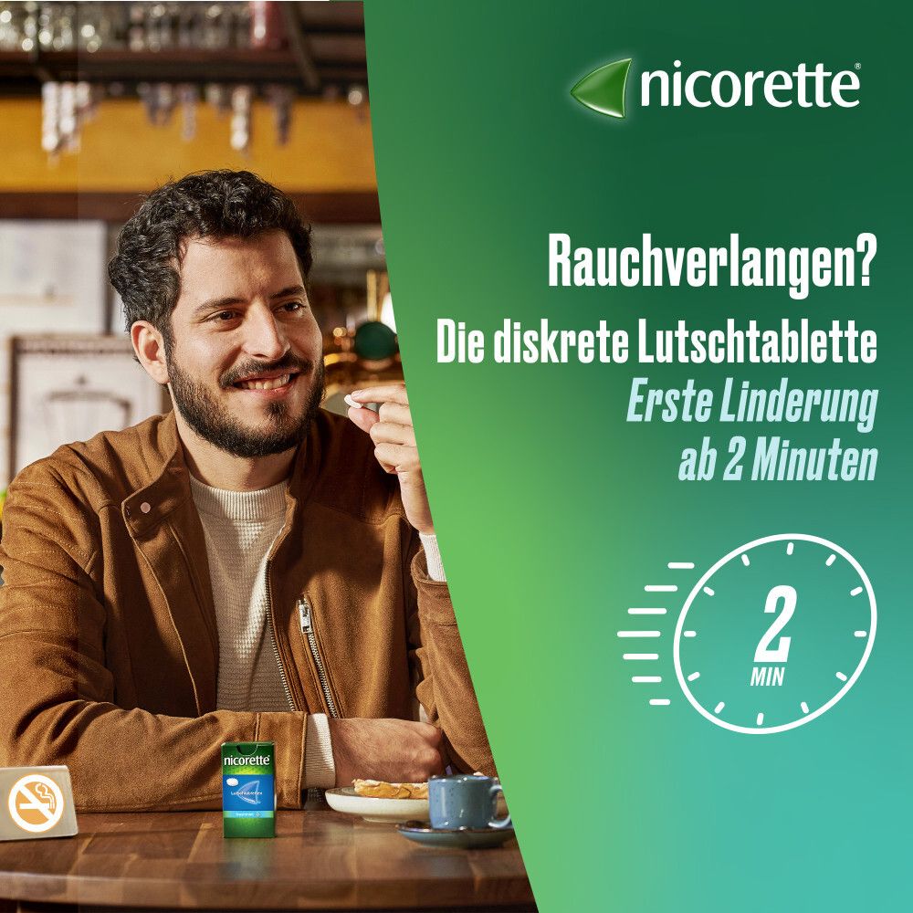 Mann in Café nimmt Nicorette Lutschtablette. Text: Rauchverlangen? Die diskrete Lutschtablette. Erste Linderung ab 2 Minuten.