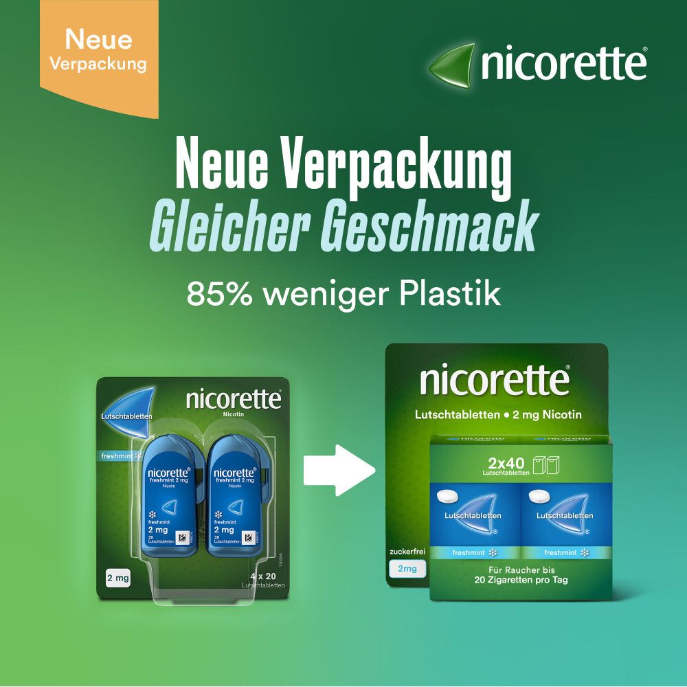 Vergleich der alten und neuen Verpackung von Nicorette Lutschtabletten. Gleicher Geschmack, 85% weniger Plastik.