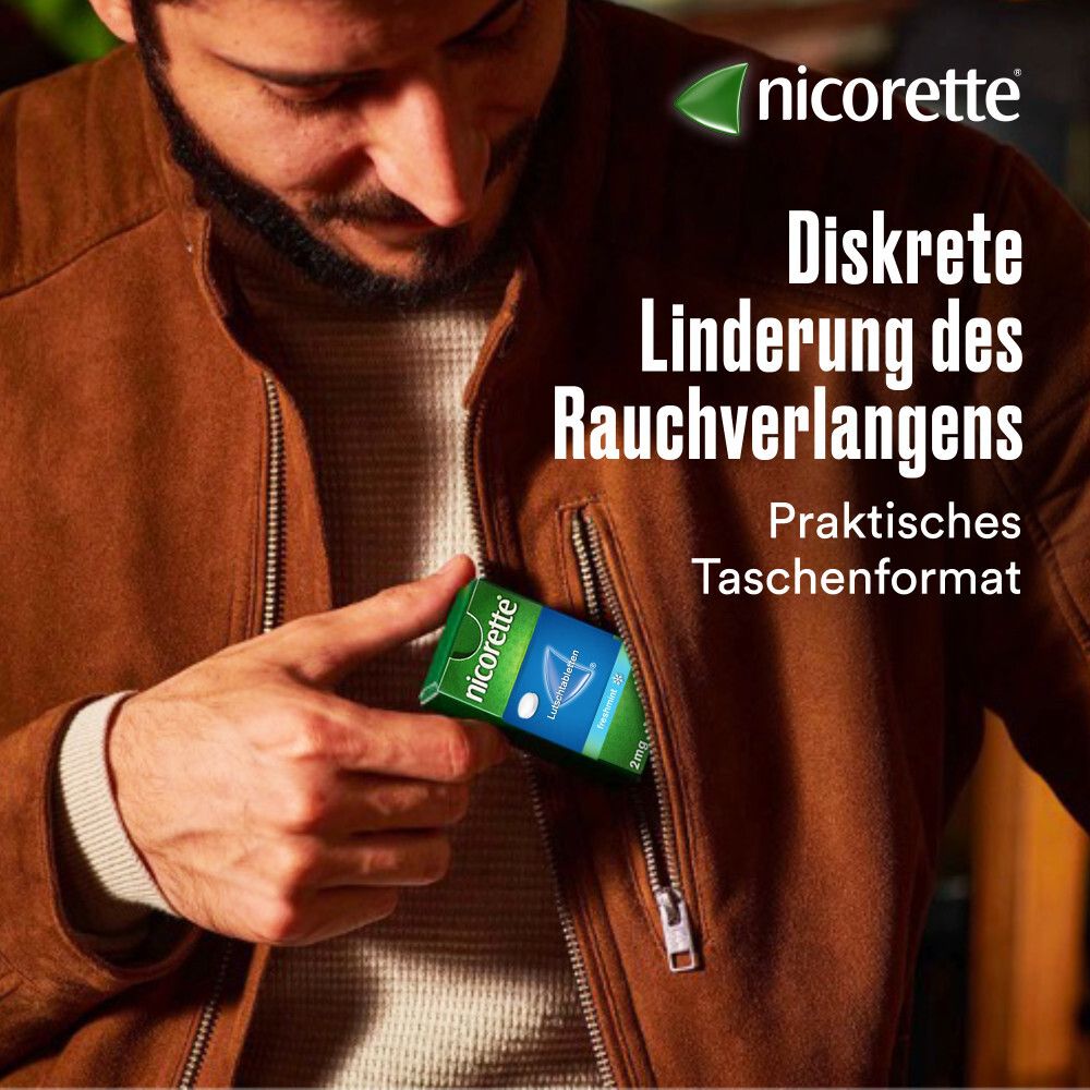 Packung Nicorette Lutschtabletten in Jackentasche. Text: Diskrete Linderung des Rauchverlangens. Praktisches Taschenformat.