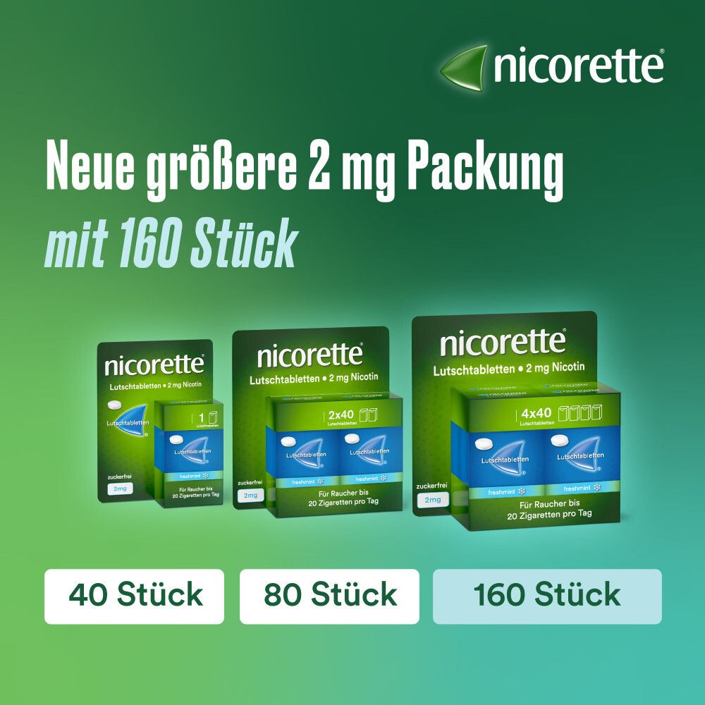 Verschiedene Packungsgrößen von Nicorette Lutschtabletten. Text: Neue größere 2 mg Packung mit 160 Stück.