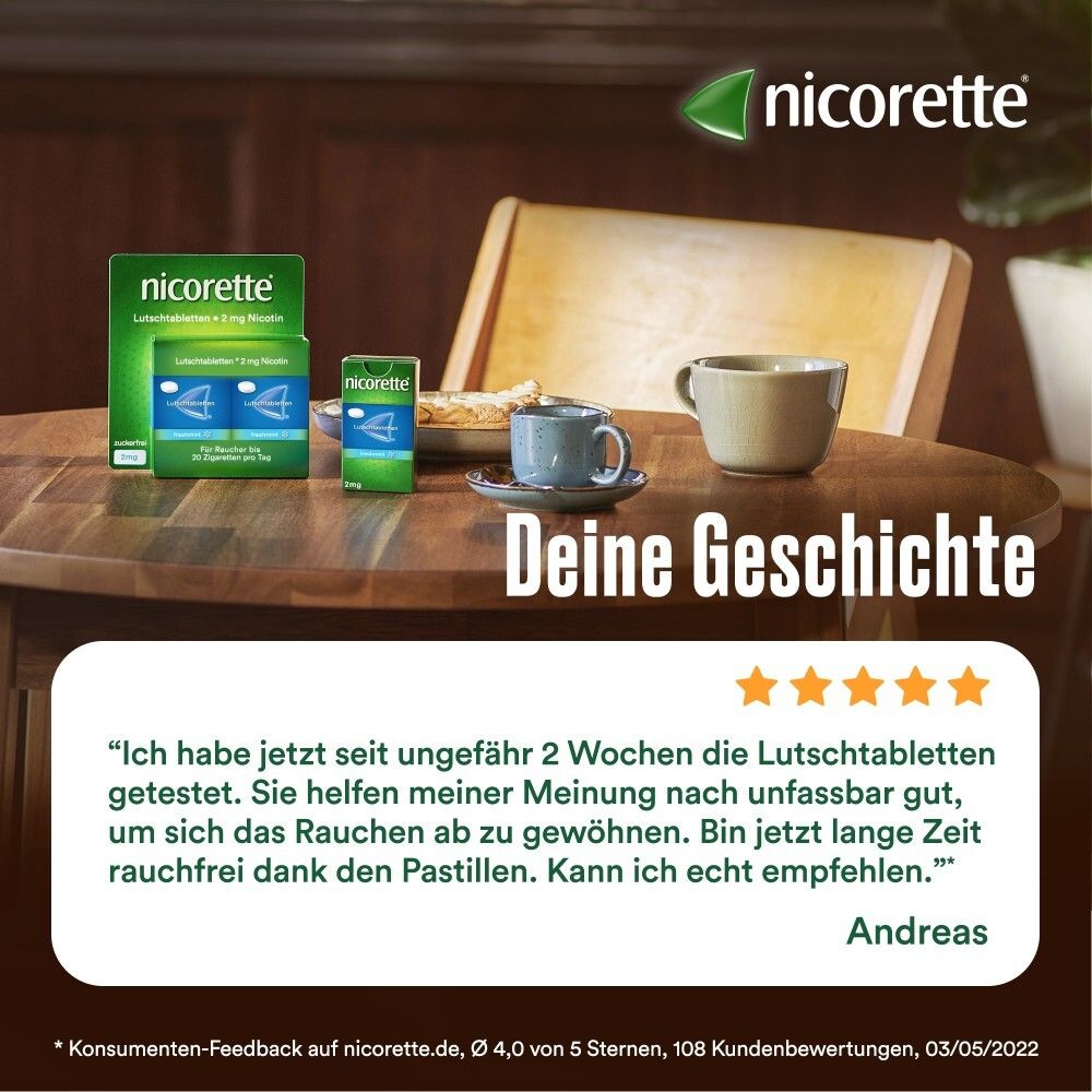 Nicorette Lutschtabletten und Zubehör auf Tisch. Zitat: Ich habe jetzt seit ungefähr 2 Wochen die Lutschtabletten getestet.