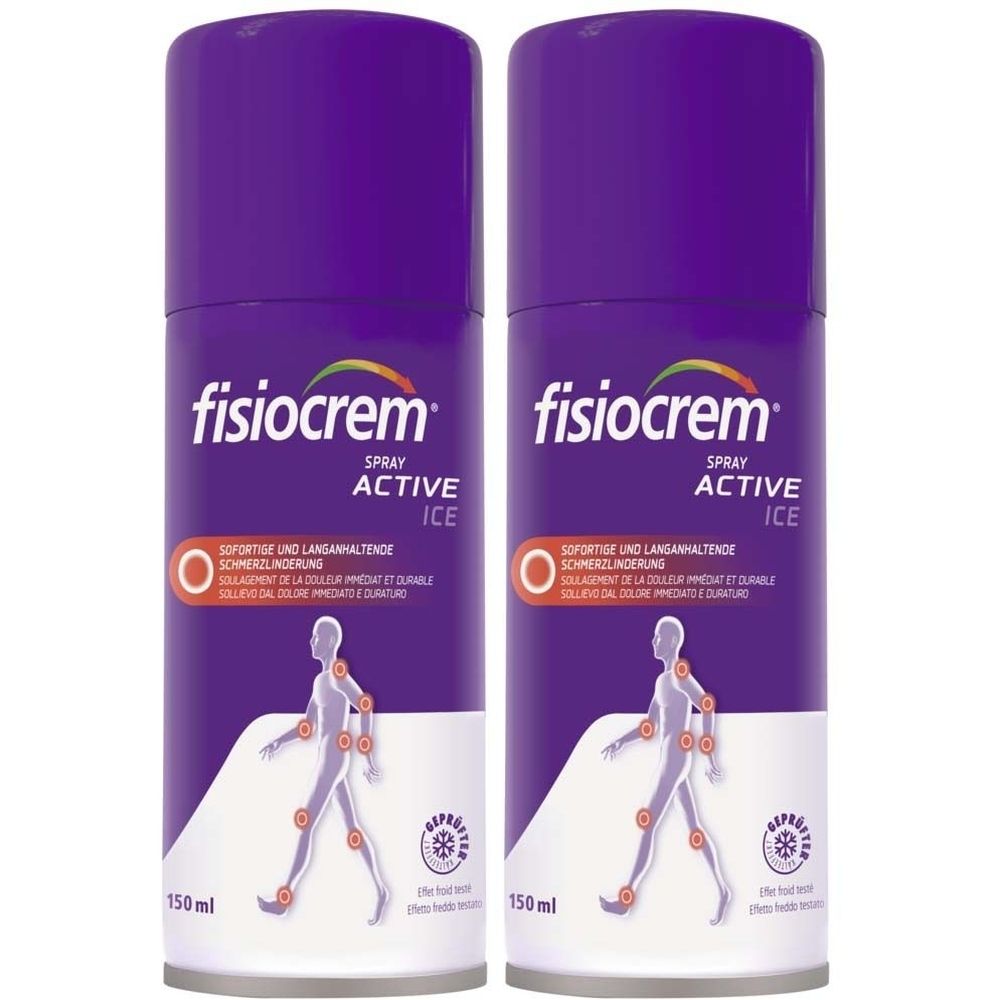 Zwei lila Sprays mit weißer Schrift. Aufschrift: fisiocrem Spray Active Ice. Darunter Text und eine Abbildung eines menschlichen Körpers.