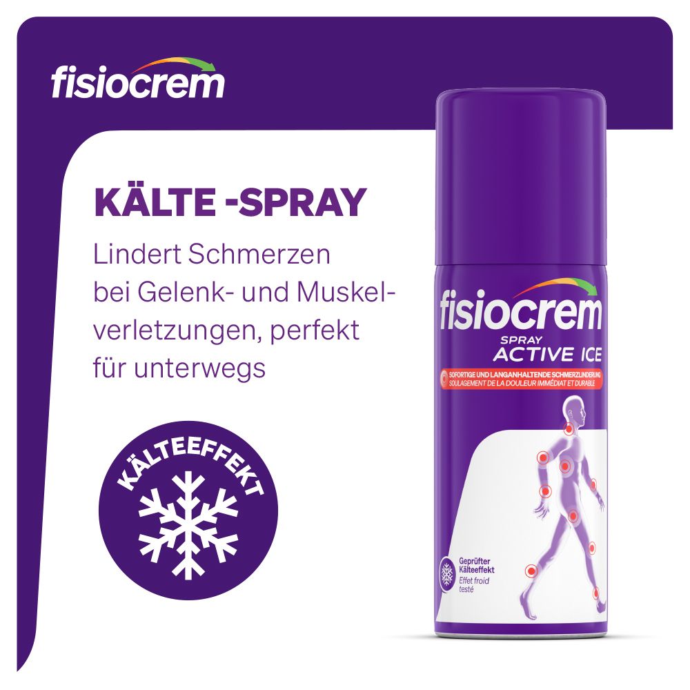 Fisiocrem Spray Active Ice Dose neben Text und einem Schneeflockensymbol, das Kälteeffekt anzeigt.