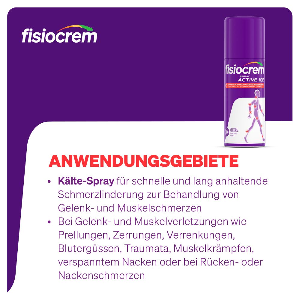 Fisiocrem Spray Active Ice Dose mit Text über Anwendungsgebiete für Schmerzlinderung bei Gelenk- und Muskelschmerzen.