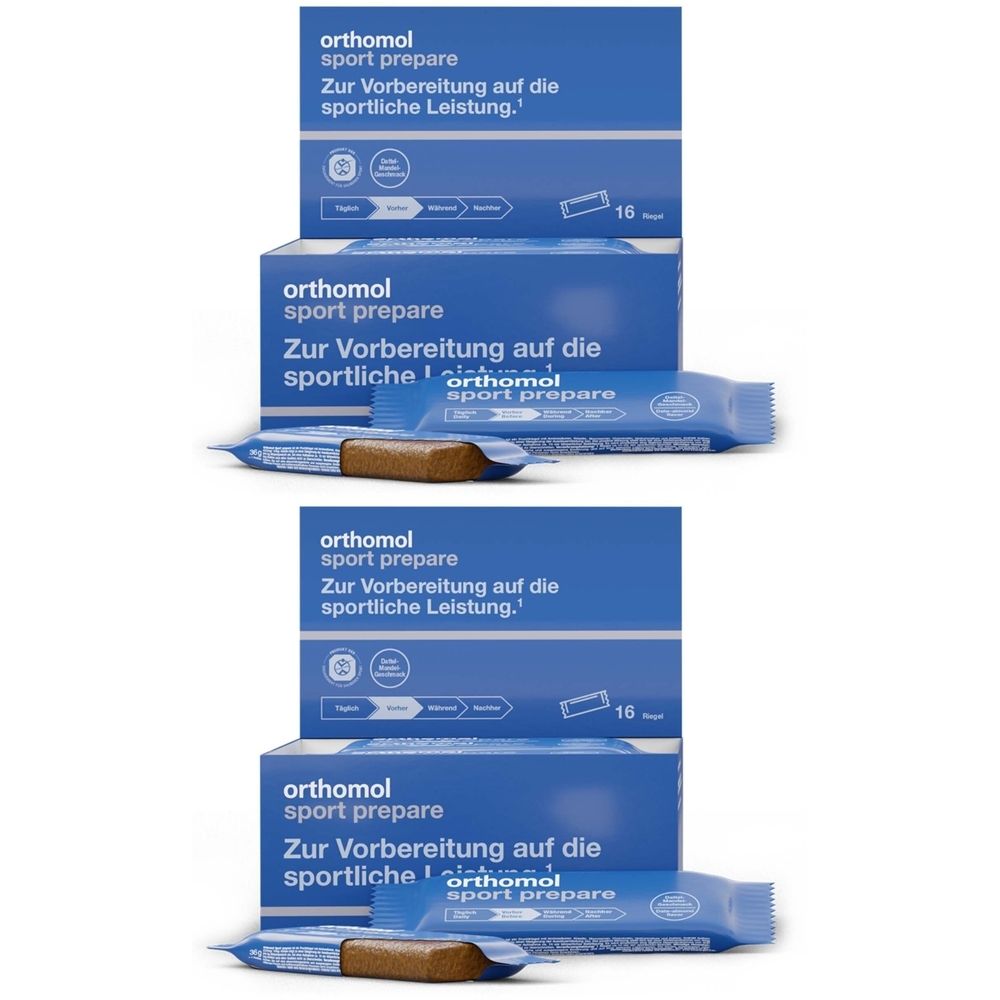 Mehrere blaue Kartons und Riegel von Orthomol Sport prepare. Auf den Kartons steht "Zur Vorbereitung auf die sportliche Leistung".