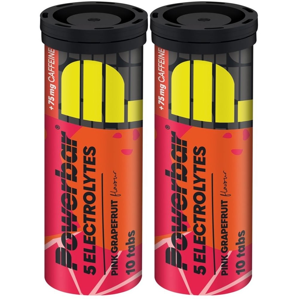 Zwei zylindrische Behälter mit schwarzem Deckel. Aufschrift: Powerbar 5 ELECTROLYTES, Pink Grapefruit, 10 Tabs, +75 mg Koffein.