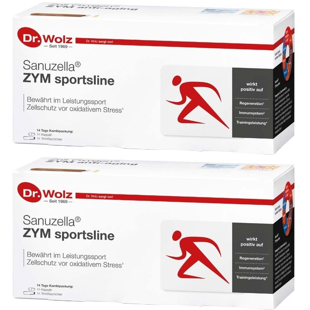 Zwei weiße Kartons mit roter Schrift. Aufdruck: Dr. Wolz, Sanuzella ZYM sportsline. Darstellung eines Läufers.