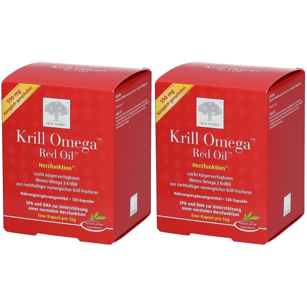 Zwei rote Kartons mit "Krill Omega Red Oil"-Aufdruck. Text: "Herzfunktion", "120 Kapseln".