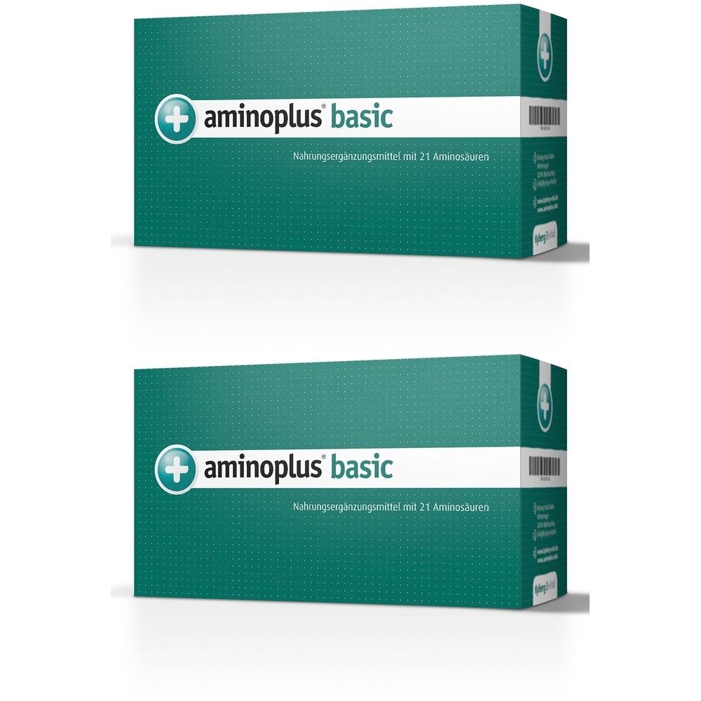 Zwei grüne Schachteln mit weißem Streifen. Aufschrift: aminoplus basic, Nahrungsergänzungsmittel mit 21 Aminosäuren.