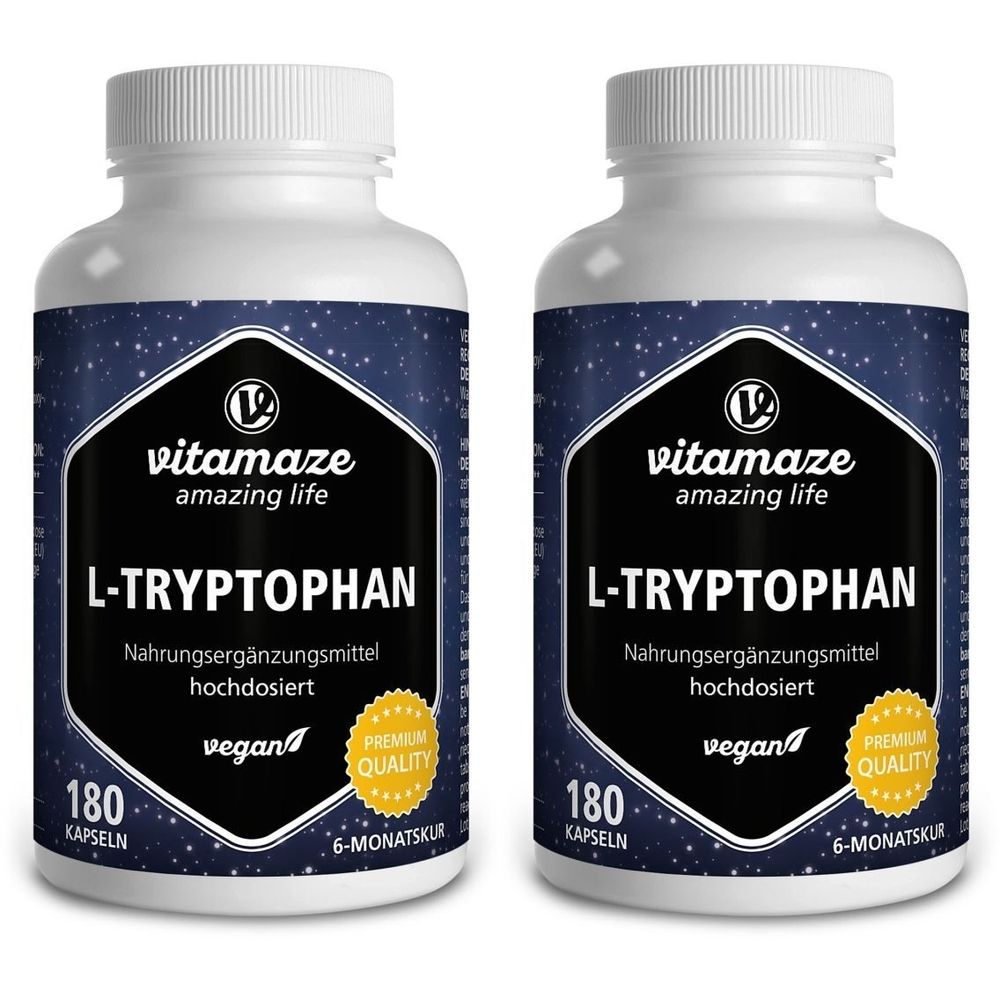 Zwei Flaschen L-Tryptophan 500 mg. Weiße Flaschen mit blauen Etiketten. Aufschrift: L-Tryptophan, 180 Kapseln, vegan, Premium Quality.