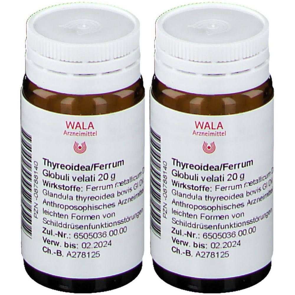 Zwei braune Glasflaschen mit weißen Deckeln. Auf den Etiketten steht "WALA Arzneimittel" und Produktinformationen.