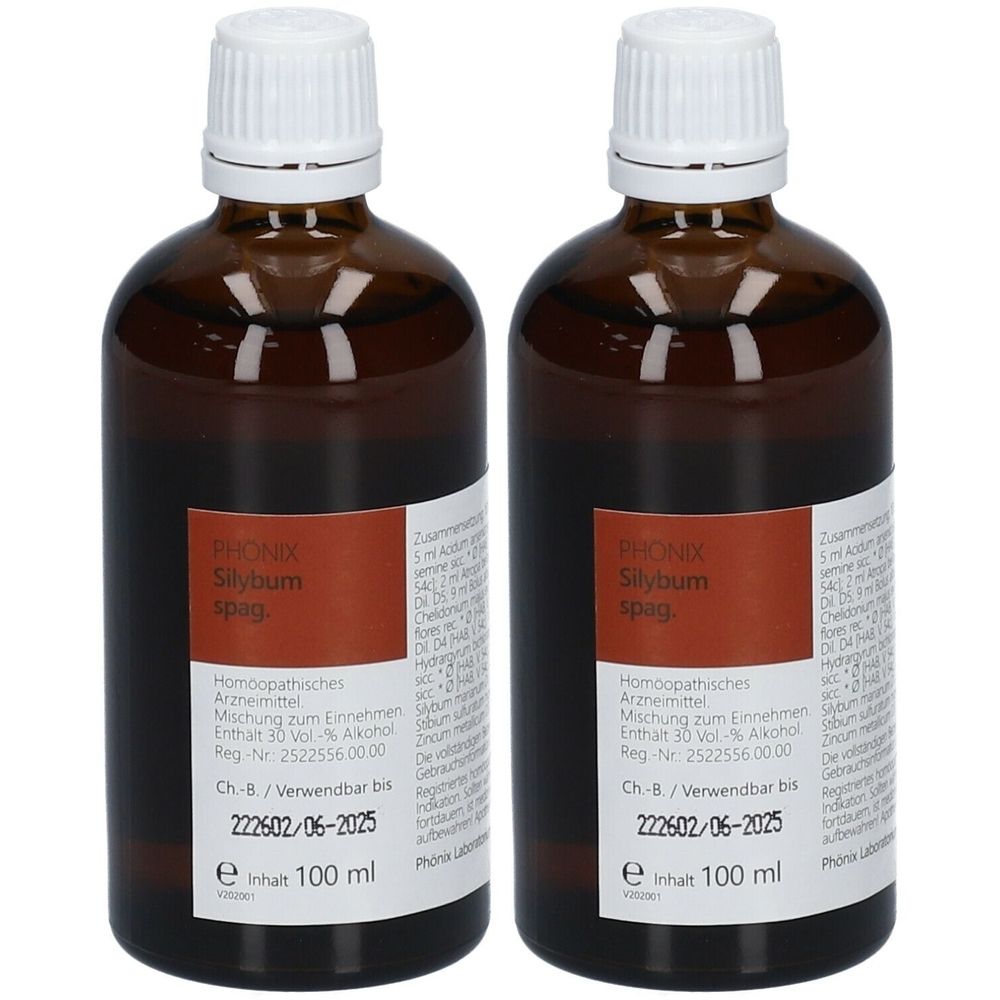 Zwei braune Glasflaschen mit weißem Deckel. Etikett mit Produktinformationen. Aufschrift: PHÖNIX Silybum spag. Homöopathisches Arzneimittel.