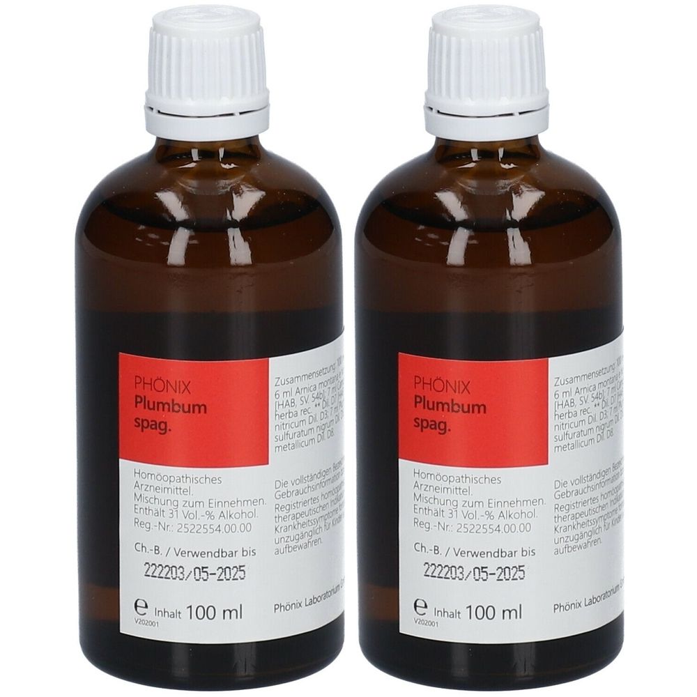 Zwei braune Glasflaschen mit weißem Deckel. Auf den Etiketten steht PHÖNIX Plumbum spag. Homöopathisches Arzneimittel. Inhalt 100 ml.