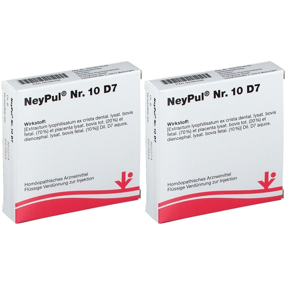 Zwei rechteckige Kartons mit der Aufschrift NeyPul® Nr. 10 D7. Text: Wirkstoff, Homöopathisches Arzneimittel, Flüssige Verdünnung zur Injektion.