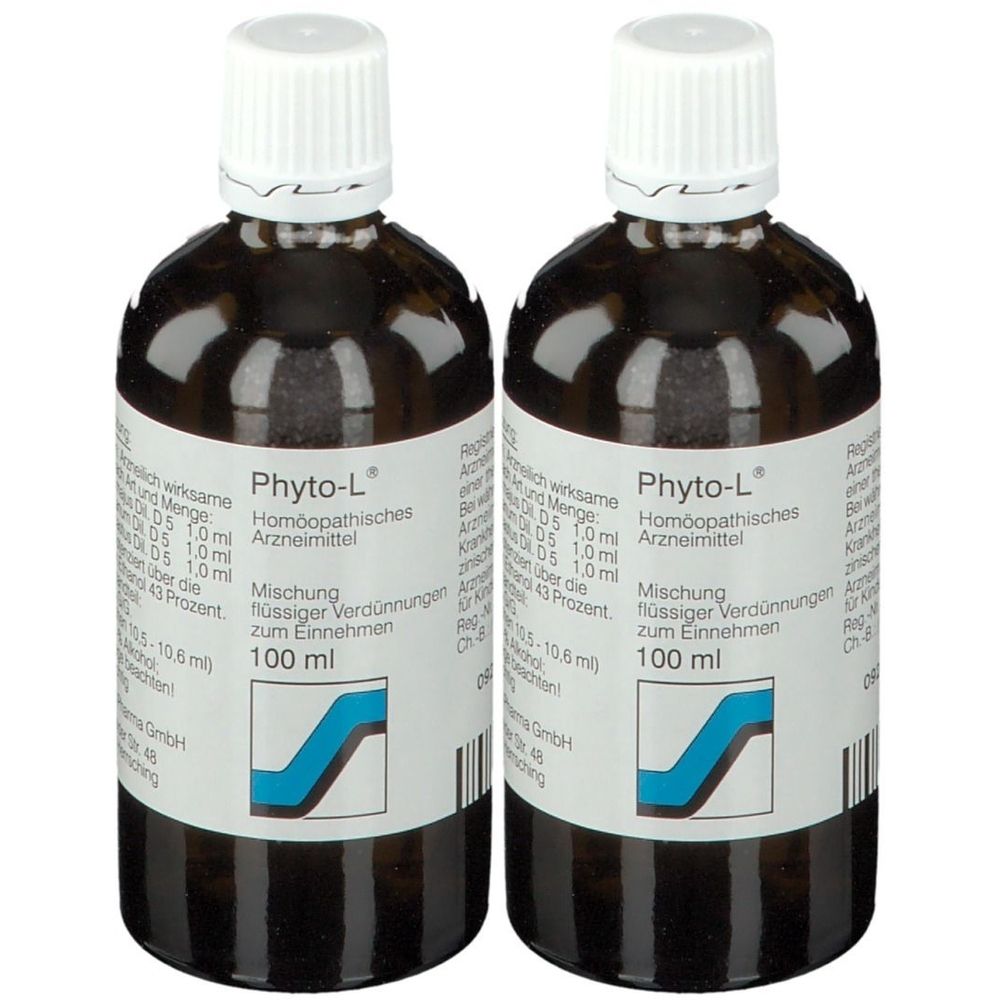 Zwei braune Flaschen mit weißem Deckel. Auf den Etiketten steht "Phyto-L", "Homöopathisches Arzneimittel" und "100 ml".