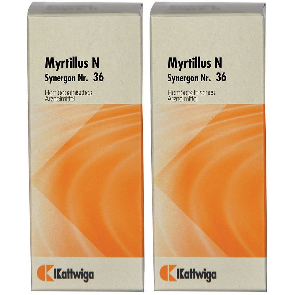 Zwei identische Kartons. Aufschrift: Myrtillus N Synergon Nr. 36, Homöopathisches Arzneimittel. Logo: Kattwiga.