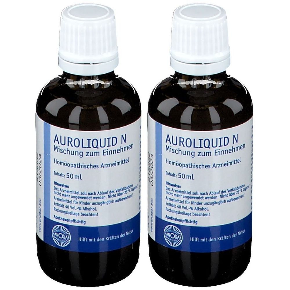 Zwei Flaschen AUROLIQUID N. Braune Flüssigkeit in Glasflaschen mit weißem Deckel und Etikett. Aufschrift: Mischung zum Einnehmen, 50 ml.
