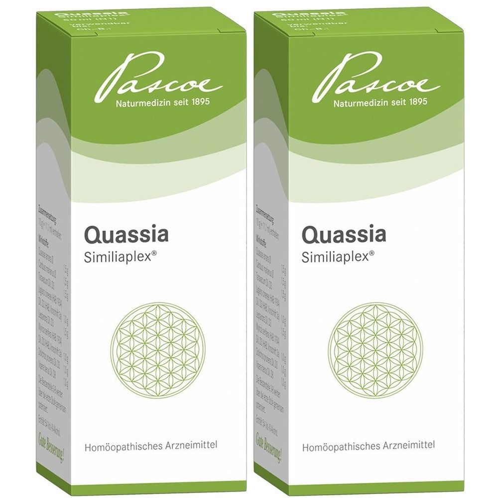 Zwei Schachteln mit "Pascoe"-Logo und "Quassia Similiaplex". Grün-weißes Design. Homöopathisches Arzneimittel.