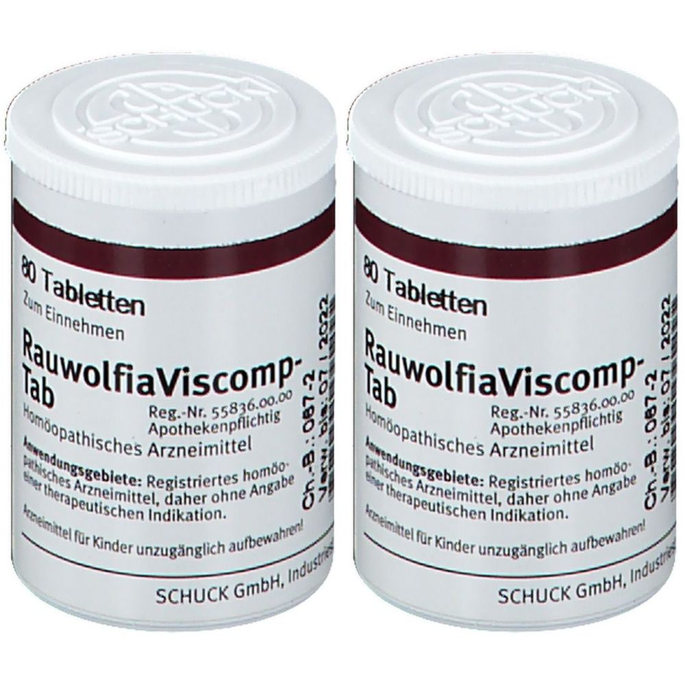 Zwei weiße Tablettenbehälter mit rotem Streifen und Aufschrift RauwolfiaViscomp-Tab. 80 Tabletten. Apothekenpflichtig.