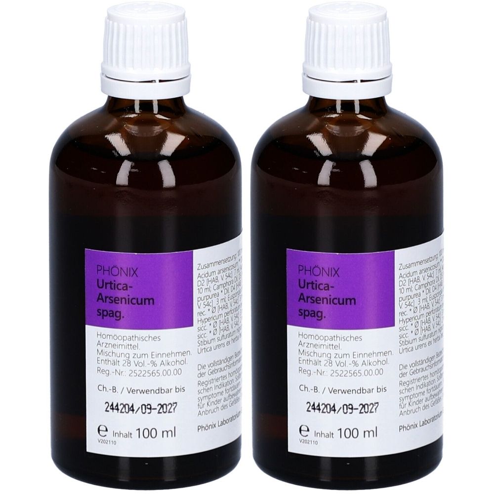 Zwei braune Glasflaschen mit weißem Deckel. Aufkleber mit Produktnamen und Informationen. Homöopathisches Arzneimittel.