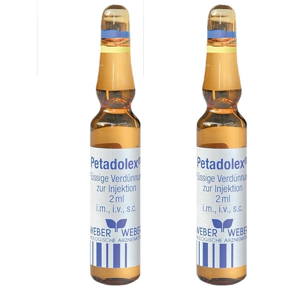 Zwei Ampullen mit Flüssigkeit. Aufschrift: Petadolex, flüssige Verdünnung zur Injektion, 2 ml. Hersteller: WEBER. Blaue und gelbe Markierung.