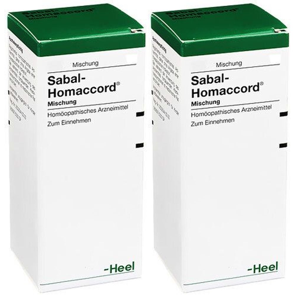 Zwei weiße Schachteln mit grünen Deckeln. Aufschrift: Sabal-Homaccord Mischung, Homöopathisches Arzneimittel. Marke: Heel.
