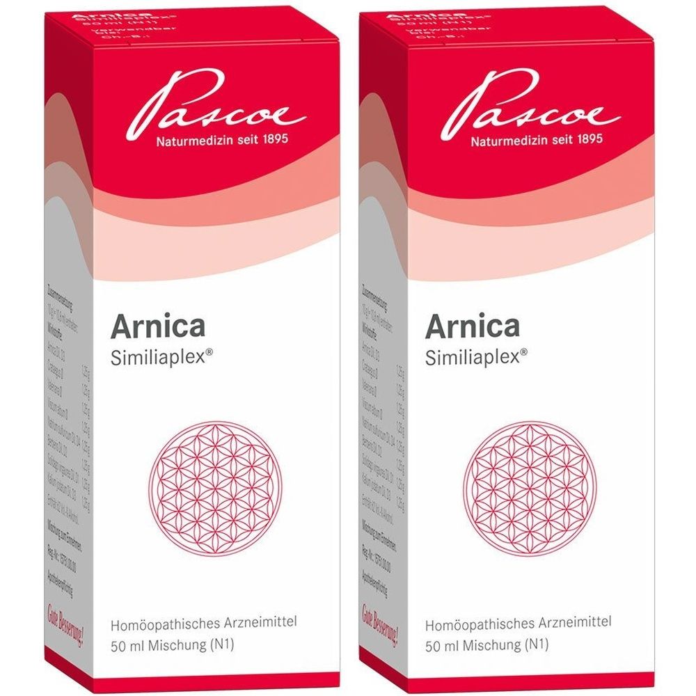 Zwei rechteckige Schachteln. Aufschrift: Pascoe, Arnica Similiaplex, Homöopathisches Arzneimittel. Rote und weiße Farbgebung.