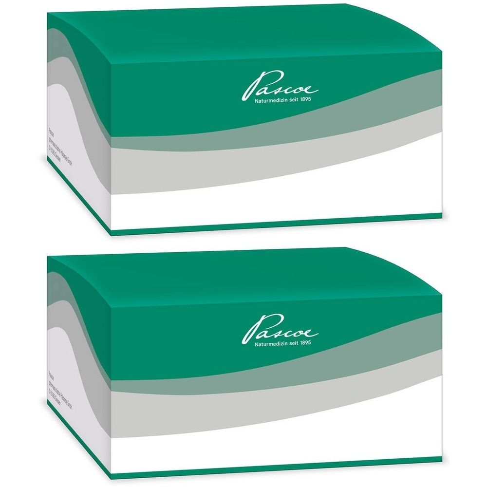 Zwei grüne Produktverpackungen mit weißer Wellenform und Pascoe-Logo. Text: Naturmedizin seit 1919.