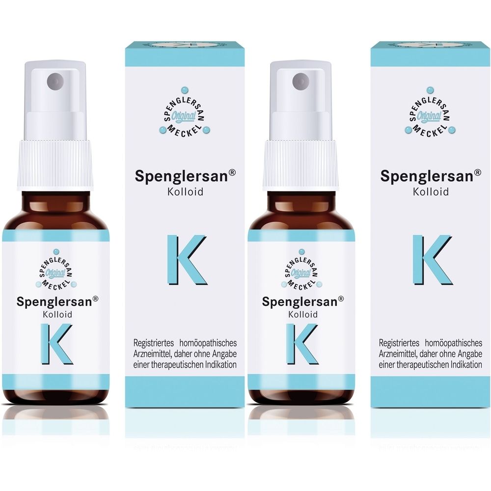 Drei Flaschen und Verpackungen. Auf den Flaschen steht "Spenglersan Kolloid K". Die Verpackungen sind weiß und hellblau.