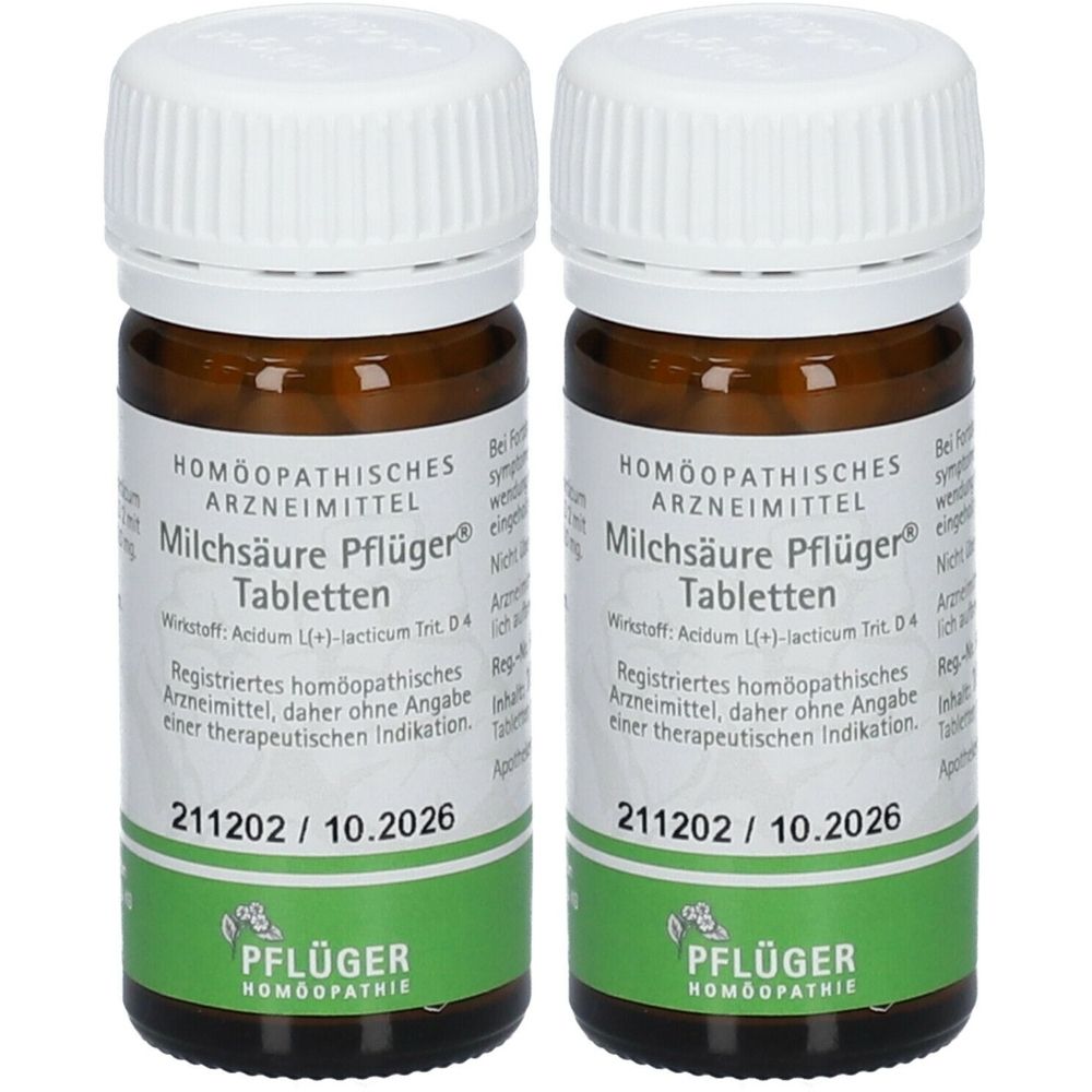 Zwei braune Tablettenflaschen mit weißem Deckel. Aufschrift: Milchsäure Pflüger Tabletten. Grüne Etiketten mit Haltbarkeitsdatum und Logo.